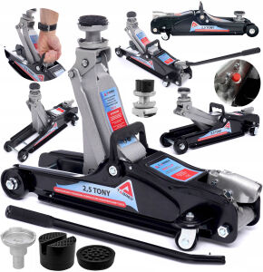 Podnośnik samochodowy 2,5 tony, lewarek niskoprofilowy żaba, 2 gumy, nadstawka