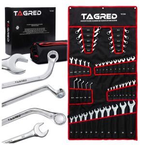 Klucze płasko-oczkowe gięte, odgięte, krótkie, płaskie, C, S, zestaw narzędzi 50-el. na płachcie