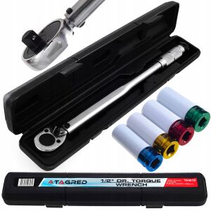 Klucz Dynamometryczny 1/2" 480mm 42-210Nm 20kg z blokadą, do kół plus 4 nasadki