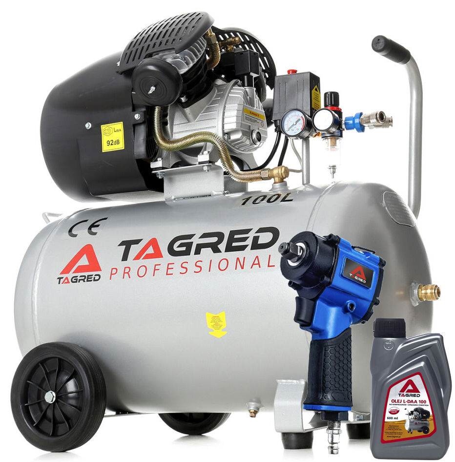 Kompresor olejowy, gratis klucz udarowy TAGRED 3500W 100L 230V 2 tłoki, separator olej